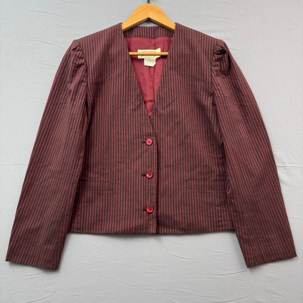 Saks Fifth Avenue Vintage Red Black‎ Striped Collarless Blazer Jacket Womens 12